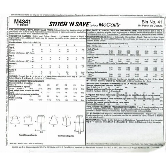 McCalls Sewing Pattern 4341 Top Shorts Pants Girls Size 3-6 - Picture 2 of 2